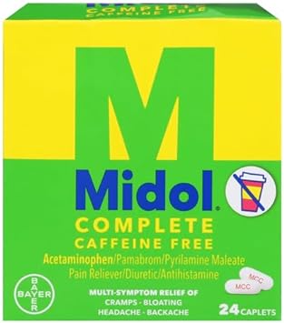 Midol Complete Caffeine Free Caplets 24ct: Midol Complete Caffeine Free Menstrual Pain Relief Caplets with Acetaminophen, Provides Headache Relief and Period Cramps Relief, 24 Count