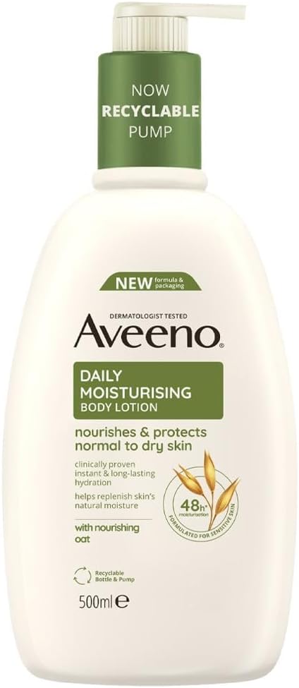 Aveeno Daily Moisturising Body Lotion, With Soothing Oats & Rich Emollients, Suitable For Sensitive Skin, Nourishes and Protects Normal to Dry Skin, Fragrance Free, 500ml