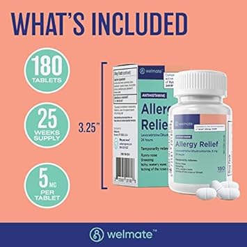 Welmate | Allergy | Generic Xyzal Levocetirizine Dihydrochloride 5Mg | Non Drowsy | Fast Acting | 24Hr Support | Runny Nose, Watery Eyes, Sneezing | Antihistamine | Allergy Medication | 180 Ct