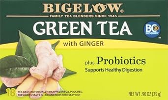 Bigelow Tea Green Tea With Ginger Plus Probiotics, Caffeinated, 18 Count, (Pack Of 1), 108 Total Tea Bags