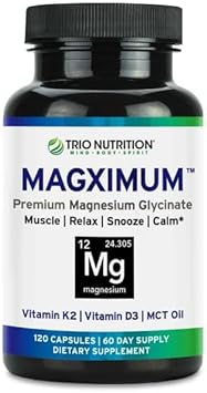 Trio Nutrition Magx Magnesium Glycinate, Vitamin D3, Vitamin K2 & Mct Oil | Chelated Magnesium Supplement | Calm, Relaxation & Recovery | Be Well Rested & Start Your Day With Magximum