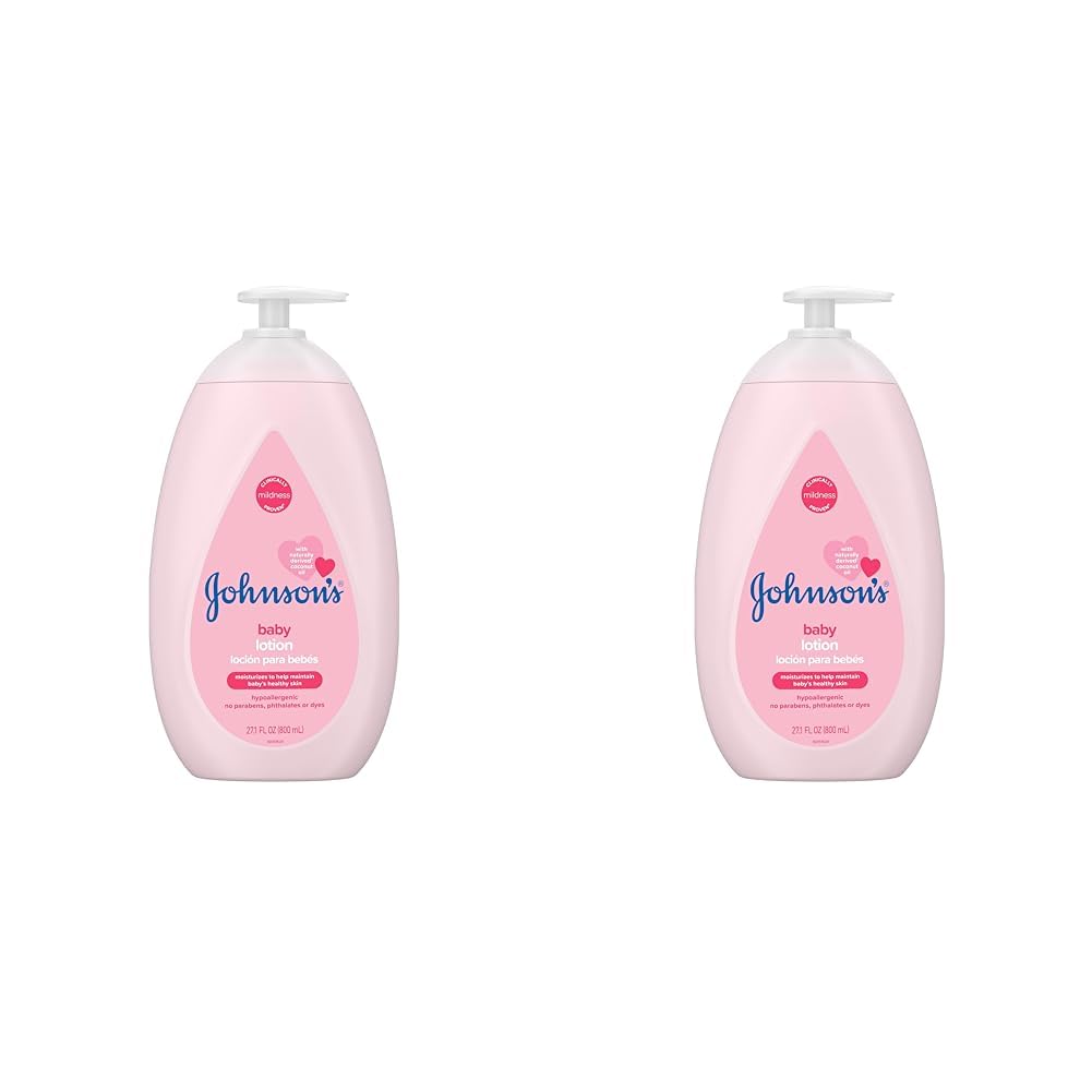 Johnson's Moisturizing Mild Pink Baby Lotion with Coconut Oil for Delicate Baby Skin, Paraben-, Phthalate- & Dye-Free, Hypoallergenic & Dermatologist-Tested, Baby Skin Care, 27.1 Fl. Oz (Pack of 2)