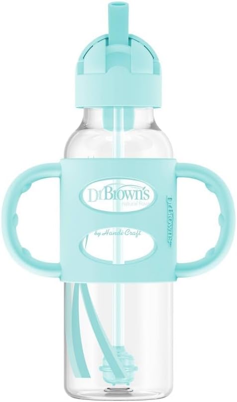 Dr. Brown's Milestones Narrow Sippy Straw Bottle, Spill-Proof with 100% Silicone Handles and Weighted Straw, 8 oz/250 mL, Green, 6m+