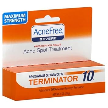 Acnefree Terminator 10 Acne Spot Treatment With Benzoyl Peroxide 10% Maximum Strength Acne Cream Treatment, 1 Ounce - Pack Of 1