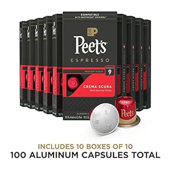 Peet's Coffee, Medium Roast Espresso Pods, Crema Scura Intensity 9, 100 Count (10 Boxes of 10 Espresso Capsules)