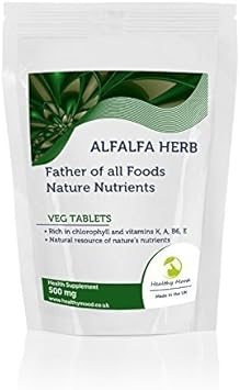 Alfalfa Herb 500mg 60 Veg Tablets Pills Health Food Supplements Nutrition Vitamin K A B6 Chlorophyll Phyto?strogène Purple Medick Sanfoin Lucerne Father of All Foods Nature Nutrients HEALTHY MOOD