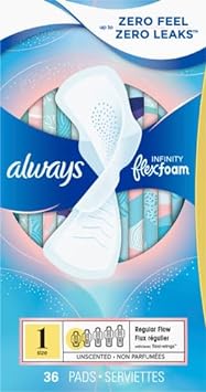 Always Infinity Feminine Pads For Women, Size 1 Regular Absorbency, With Wings, With Flexfoam, Unscented, 36 Count