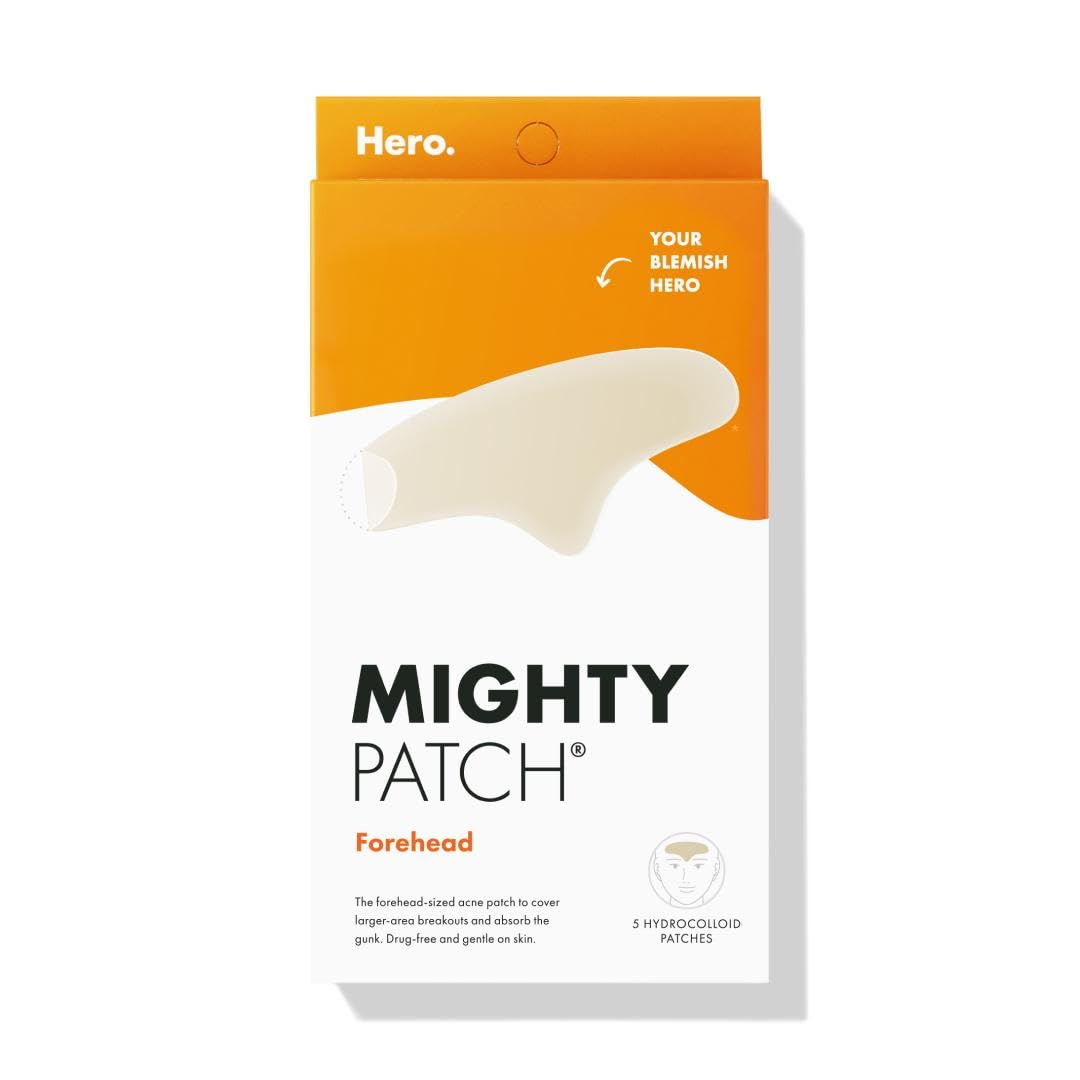 Hero Cosmetics Mighty Patch™ Forehead Patch - Hydrocolloid Acne Pimple Patch, Contoured To Cover Larger Area Of Zits And Blemishes - Drug-Free And Suitable For Sensitive Skin (5 Count)