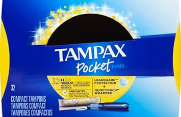 Tampax Pocket Pearl Tampons Regular Absorbency with LeakGuard Braid, Unscented, 32 Count