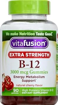 Vitafusion Extra Strength Vitamin B12 Gummy Vitamins for Energy Metabolism Support and Nervous System Health Support, Cherry Flavored, America?s Number 1 Brand, 45 Day Supply, 90 Count