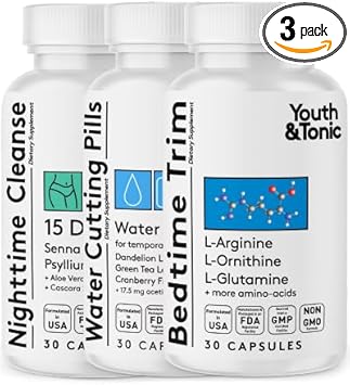 Youth & Tonic Sculpt Lean Cleanse 3 X Diet Pills W/Bedtime Trim & Water Weight Away & 15 Day Cleanser As Support For Protein Metabolism Energy Water Retention Loss & Belly Bloating For Women & Men