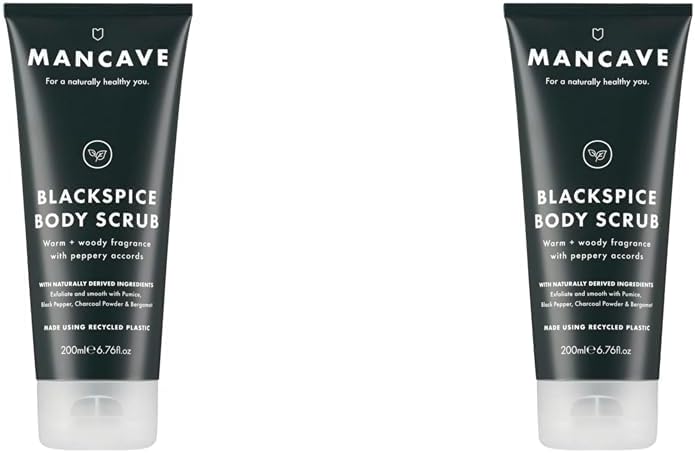 Mancave Blackspice Body Scrub 200Ml For Men, Warm & Woody Aroma, Exfoliate & Cleanse Skin With Pumice And Charcoal Powder Scrub, Natural Formulation, Vegan Friendly, Made In England (Pack Of 2)