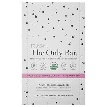 Truvani Plant Based Snack Bars | 6g Protein | 12 Pack Oatmeal Chocolate Chip | Organic | Vegan | The Only Bar | Dairy, Soy, and Gluten Free | Individually Wrapped : Health & Household