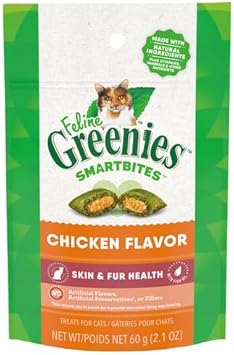 Greenies Feline Smartbites Skin & Fur Crunchy And Soft Natural Cat Treats, Chicken Flavor, 2.1 Oz. Pack