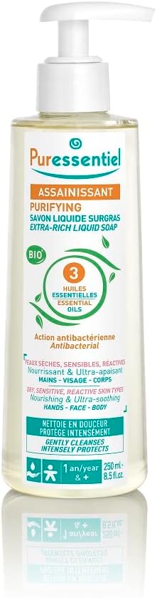 Puressentiel Purifying Extra-Rich Liquid Soap 250Ml - Antibacterial - Face, Hands & Body - Suitable For Dry, Sensitive Skin - Cleanses & Protects - Vegan - 3 Organic Essential Oils