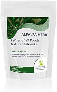 Alfalfa Herb 500mg 30 Veg Tablets Pills Health Food Supplements Nutrition Vitamin K A B6 Chlorophyll Phyto?strogène Purple Medick Sanfoin Lucerne Father of All Foods Nature Nutrients HEALTHY MOOD