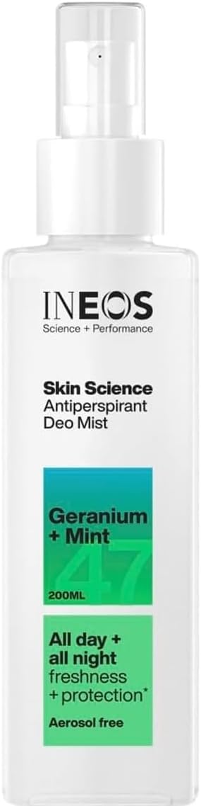 Ineos Skin Science, All Day + Night 24H Freshness + Protection Antipersprirant Deodorant Mist Spray Geranium + Mint, Aerosol Free + Lasts 10X Longer Than Ordinary Antiperspirant, Plant Powered 200Ml