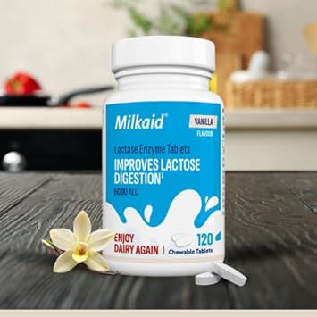 Milkaid Vanilla Lactase Enzyme Chewable Tablets for Lactose Intolerance Relief | Prevents Gas, Bloating & Diarrhoea | Fast Acting Dairy Digestive Supplement | Gluten Free & Vegan | 120 Tablets : Amazon.co.uk: Health & Personal Care