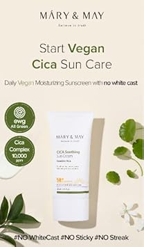 Mary&May Cica Soothing Sun Cream Spf50+ Pa++++ 50Ml, Korean Sunscreen Face, No Sticky, No Streak, No White Cast, Sun Block, Cica Facial Vegan Sun Cream, Daily Care