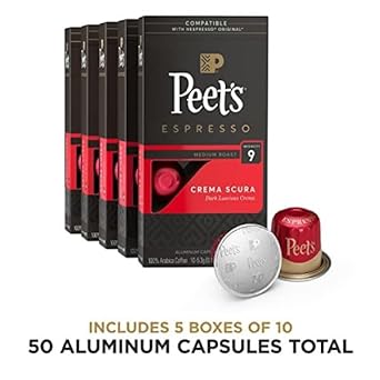 Peet's Coffee, Medium Roast Espresso Pods, Crema Scura Intensity 9, 50 Count (5 Boxes of 10 Espresso Capsules)