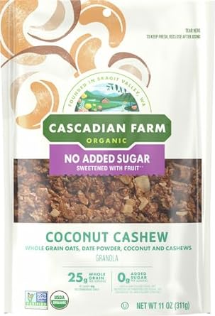 Cascadian Farm Organic Granola with No Added Sugar, Coconut Cashew Cereal, Resealable Pouch, 11 oz