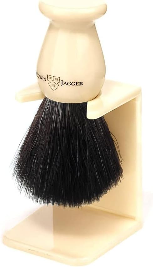 Edwin Jagger Imitation Ivory Black Synthetic Shaving Brush With Small Drip Stand