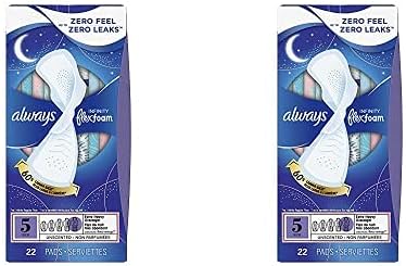 Always Infinity FlexFoam Pads for Women, Size 5, Extra Heavy Overnight Absorbency, Unscented, 22 Count (Pack of 2)
