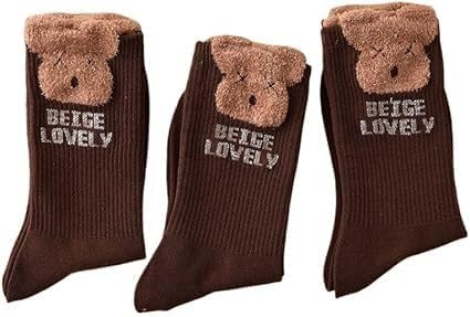 INFINIBYTE Women’s Autumn & Winter Cozy Socks – Soft Feather Yarn Bear & Flower Design, Warm Medium Coffee Color Stockings for Outerwear