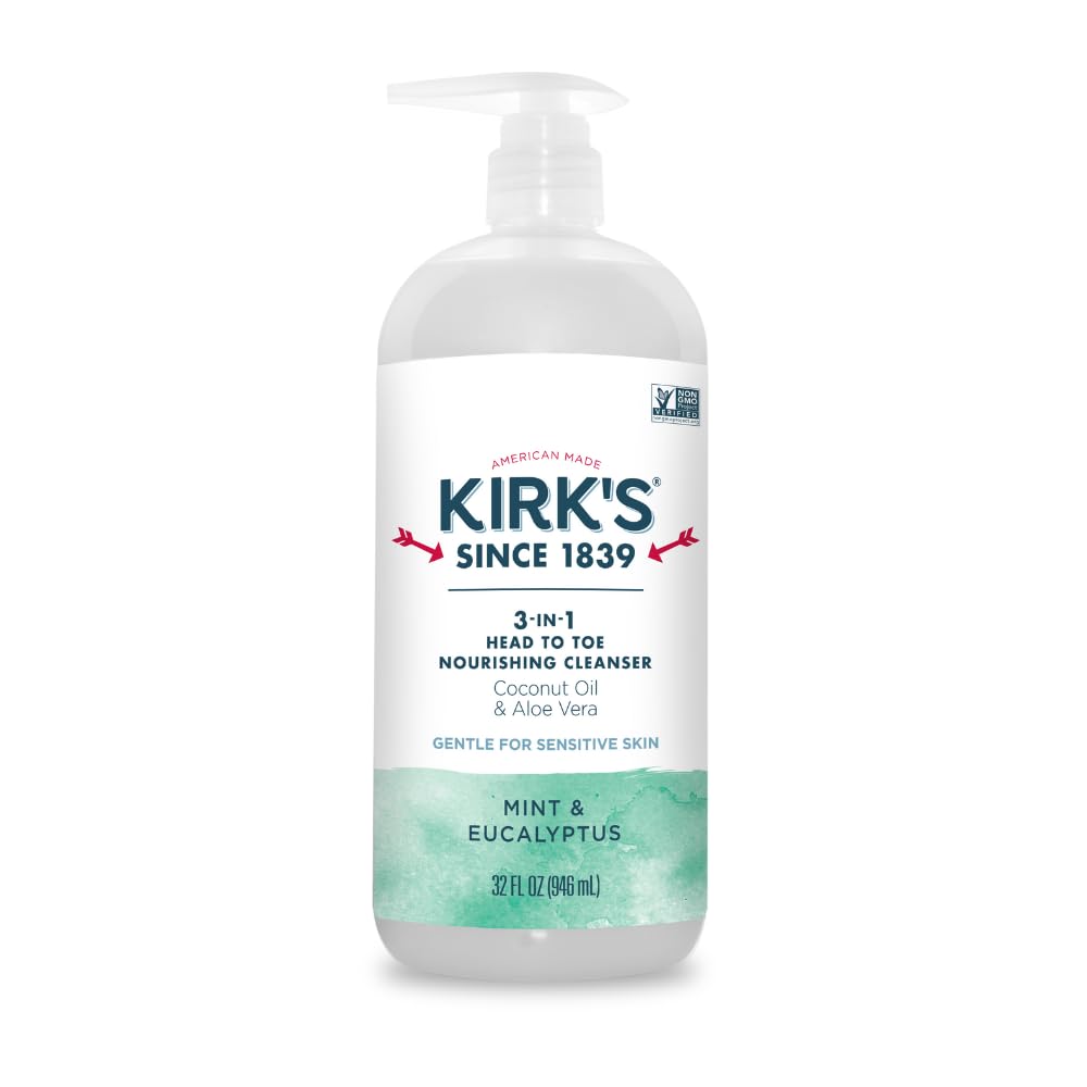 Kirk'S 3-In-1 Head To Toe Nourishing Liquid Cleanser - For Men, Women, & Children - Premium Coconut Oil & Aloe Vera - Non Gmo & Vegan - Mint And Eucalyptus - 32 Fl Oz