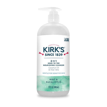 Kirk'S 3-In-1 Head To Toe Nourishing Liquid Cleanser - For Men, Women, & Children - Premium Coconut Oil & Aloe Vera - Non Gmo & Vegan - Mint And Eucalyptus - 32 Fl Oz