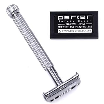Parker 29L Chrome, Long Handle Butterfly Open Double Edge Safety Razor For Men & Women, 5 Parker Premium Platinum Double Edge Razor Blades Included : Beauty & Personal Care