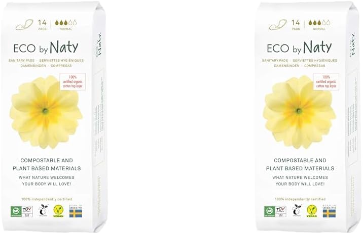 Eco by Naty Sanitary Pads – Plantbased and Absorbent Sanitary Pads for Women, Organic Cotton Menstrual Product, Better for Feminine Health (Normal, 14 Count) (Pack of 2)