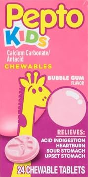 Pepto Bismol Kids Bubblegum Flavor Chewable Tablets For Heartburn,Acid Indigestion,Sour Stomach,And Upset Stomach For Children 24 Ct