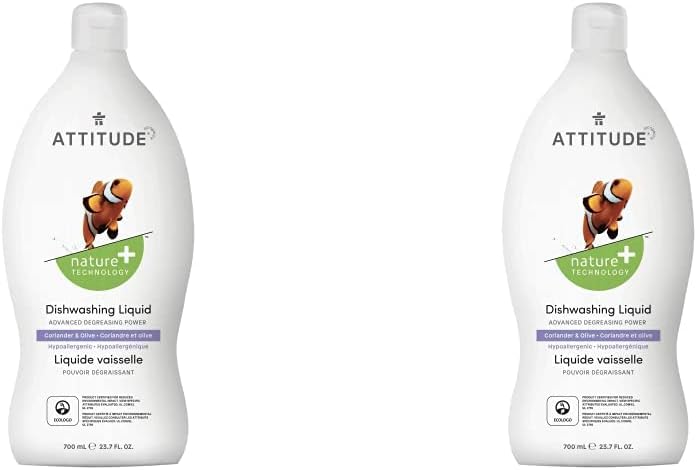 Attitude Dish Soap, Plant-based, Hypoallergenic, Eco-friendly, Coriander & Olive, 23.7 Fl Oz (Pack of 2)