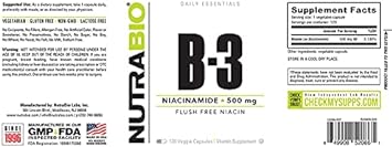 NutraBio Niacinamide Supplement for Normalized Blood Lipids, Better LDL & HDL Levels, Flush Free Vitamin B3, 500mg - 120 Vegetable Capsules : Health & Household