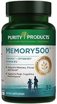 Memory500 Bacopa monniera/Brahmi Elite Nootropic Complex - Supports Peak Cognitive Performance*, Increased Learning Speed* and Healthy Memory & Recall* - 30 Vegetarian Caps from Purity Products