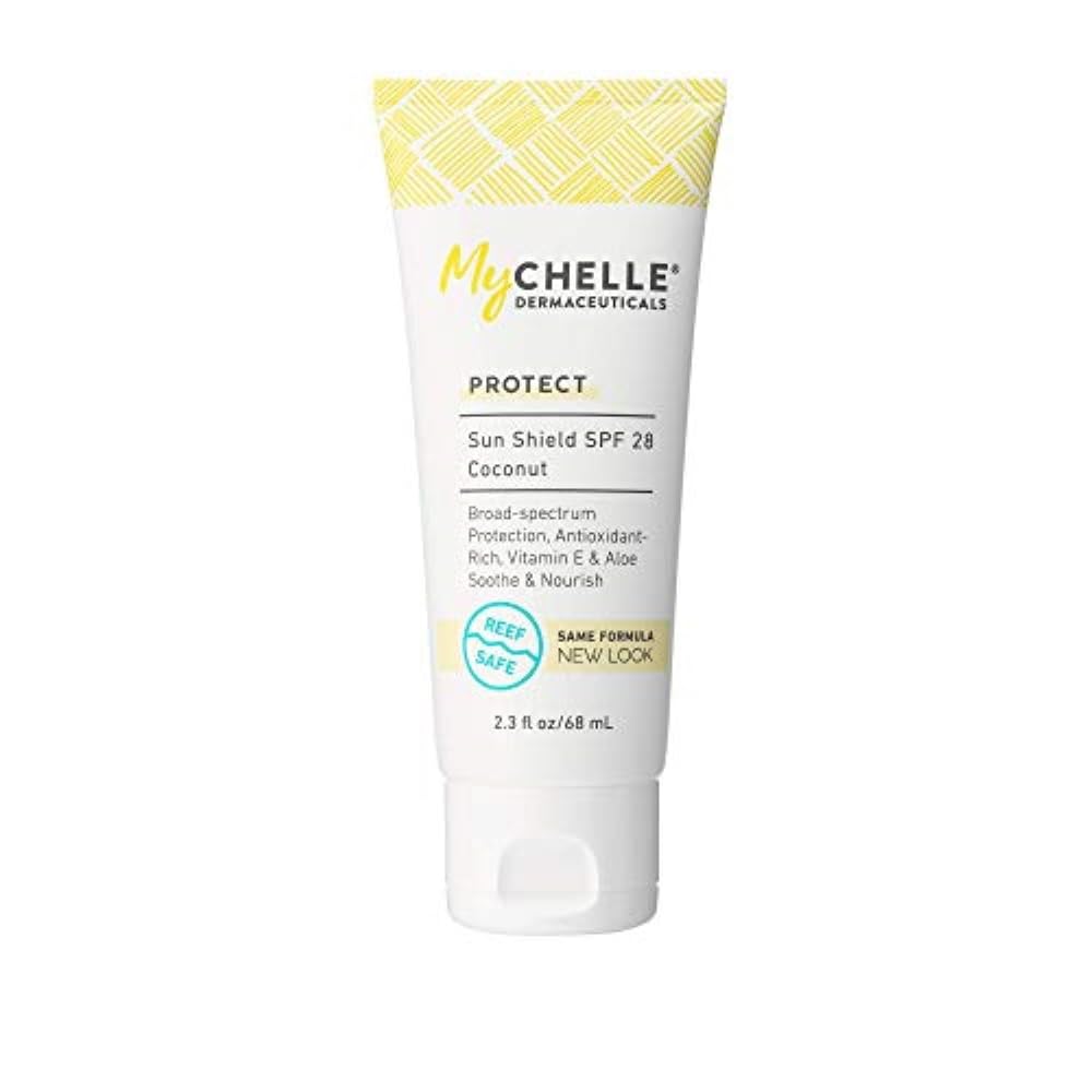 MyCHELLE Dermaceuticals Sun Shield SPF 28 Coconut (2.3 Fl Oz) - Soothing Reef Safe Sunscreen with Vitamin E and Aloe - Travel Size Zinc Sunscreen for Face and Body