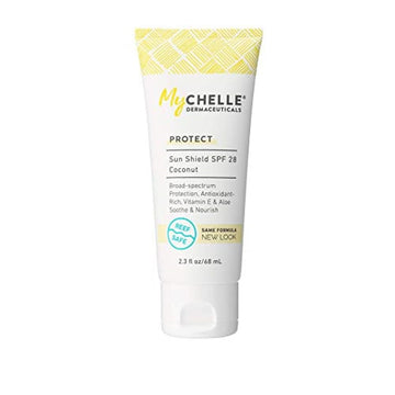 MyCHELLE Dermaceuticals Sun Shield SPF 28 Coconut (2.3 Fl Oz) - Soothing Reef Safe Sunscreen with Vitamin E and Aloe - Travel Size Zinc Sunscreen for Face and Body