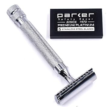 Parker 91R Double Edge Safety Razor - Three-Piece Heavyweight Safety Razor With Brass Frame & Chrome Plated Knurled Handle -5 Premium Parker Platinum Double Edge Razor Blades Included : Beauty & Personal Care