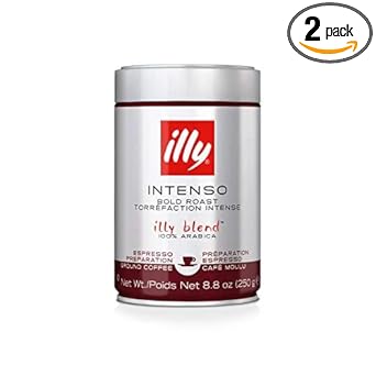 illy Intenso Ground Espresso Coffee, Bold Roast, Intense, Robust and Full Flavored With Notes of Deep Cocoa, 100% Arabica Coffee, No Preservatives, (Pack of 2)