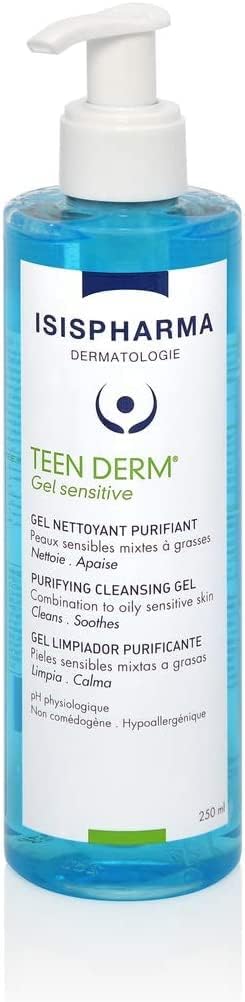 Isispharma Teen Derm Sensitive Gel - Purifying Exfoliating Gel For Acne Treatment - Face Wash For Sensitve To Oily Skin - Cleanser With Zinc And Natural Extracts - Glass Skin Effect - Made In France