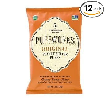 Puffworks Original Organic Peanut Butter Puffs, Plant-Based Protein Snack, Gluten- and Rice-Free, Vegan, Kosher, 1.2 Ounce (Pack of 12)