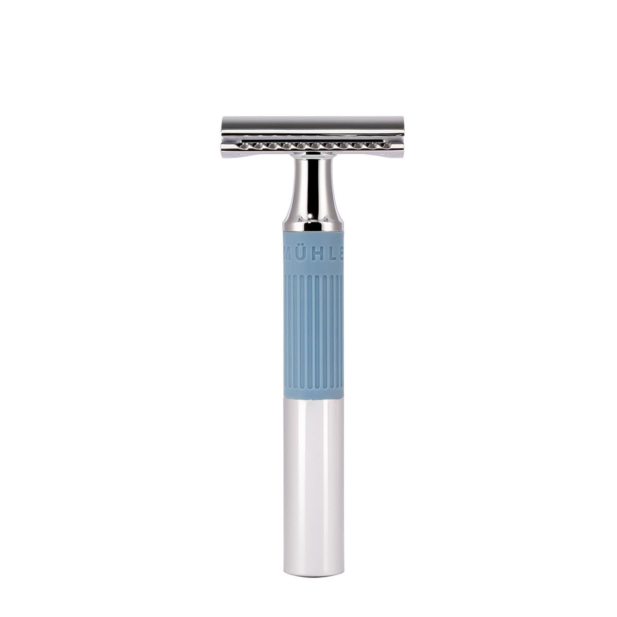 Mühle Neo Safety Razor|Double Edge Safety Razor For Beginners And Experienced Shavers|Sustainable Eco-Friendly And Reusable|For Men And Women|Chrome With Glacier Blue Silicone Grip Handle