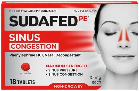 Sudafed PE Sinus Congestion Maximum Strength Non-Drowsy Decongestant Tablets, 18 ct
