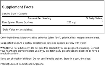 Swanson Raw Spleen Glandular 200 Milligrams 60 Capsules