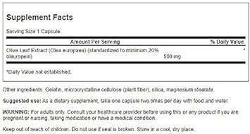 Swanson Olive Leaf Extract Supplement - Standardized to 20% oleuropein - (500mg, 60 Capsules)