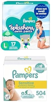 Pampers Splashers Swim Diapers - Size L, 17 Count, Gap-Free Disposable Baby Swim Pants + Pampers Sensitive Baby Wipes, Water Based, Hypoallergenic and Unscented, 6 Flip-Top Packs (504 Wipes Total) : Baby