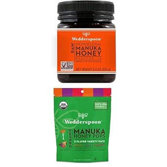 Wedderspoon Raw Premium Manuka Honey Kfactor 16 (8.8 Oz, Pack Of 1) And Manuka Honey Lollipops Variety Pack (24 Count, Pack Of 1) - Genuine New Zealand Honey, Perfect Remedy For Dry Throats