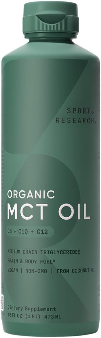 Sports Research Organic Mct Oil - Keto & Vegan Mcts C8, C10, C12 From Coconuts - Fatty Acid Brain & Body Fuel, Flavorless, Non-Gmo & Gluten Free - Perfect In Coffee, Tea & Protein Shakes - 16 Oz