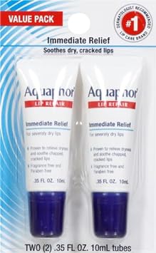 Aquaphor Lip Repair Tubes, Lip Ointment for Chapped Lips, Moisturizing Lip Balm, Two 0.35 ounce tubes